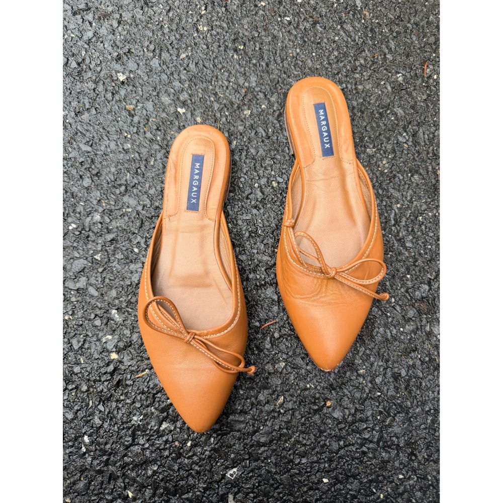 Margaux Pointy Mule Tan Leather Bow Flat Slide Shoes Size 37.5 W Handmade Spain